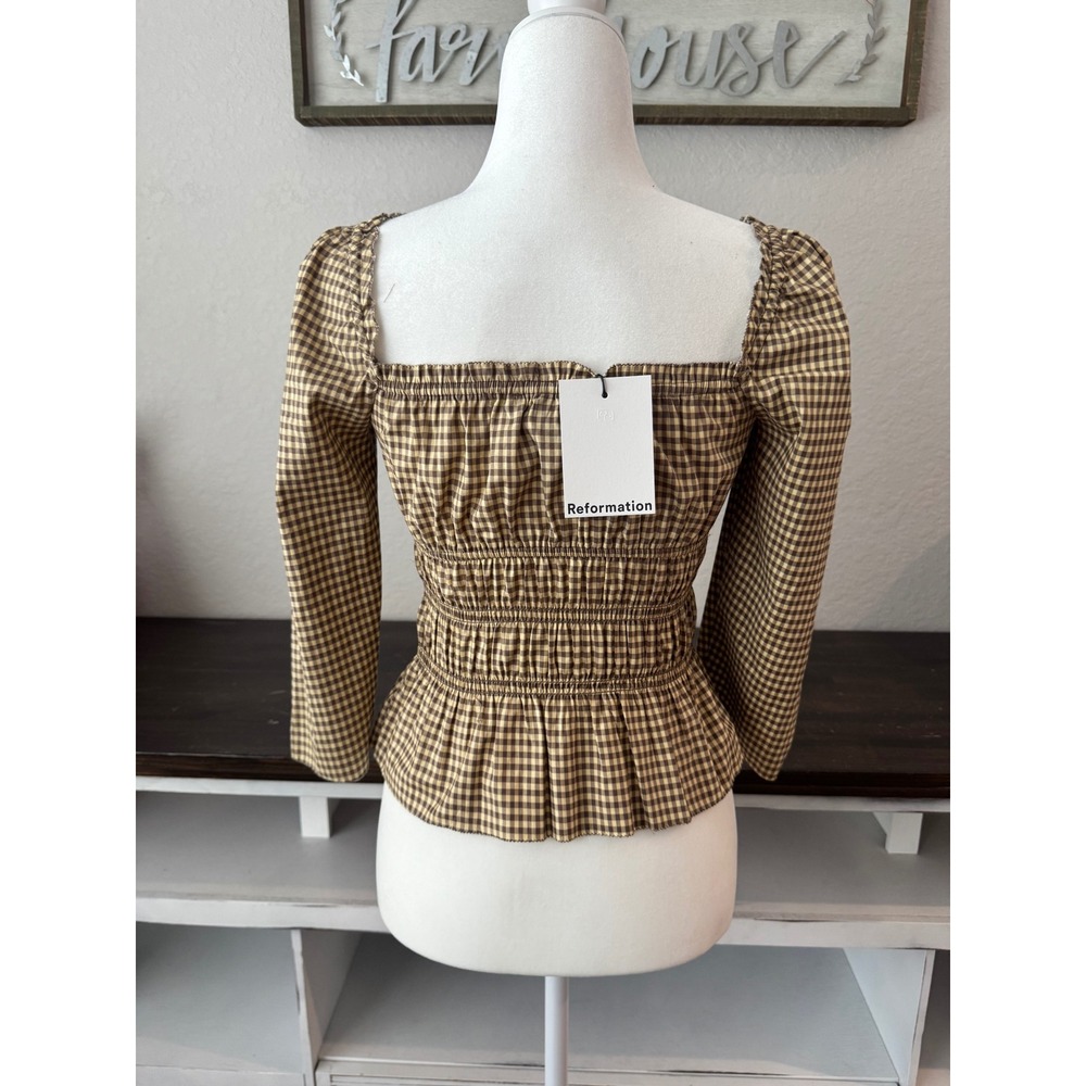 NWT Reformation Lauryn Top Long Sleeve Bows Smocked Blondie Check Size 2 - Picture 5 of 8